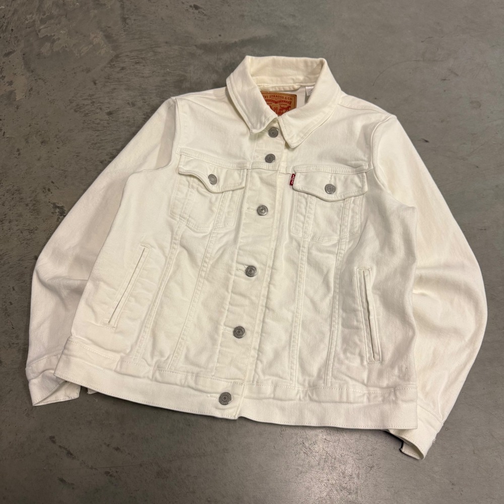 Levis Womens White Denim Trucker Jacket Size Large Off White Cotton Jean Jacket